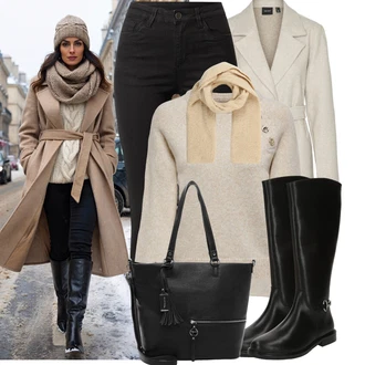 Outfit s Černá Džíny s Rozparkem/Kožené Boty/Push up Džín/Slim Fit Džíny/Termální Džíny/Motorkářské Džíny/Zimní bunda/Kožená bunda/High Waist Džínové Kalhoty Kaffe "Stylový zimní outfity"