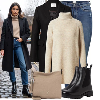 Outfit s Černá Chelsea Boty/Kožená bunda Tamaris "Stylový zimní outfity"