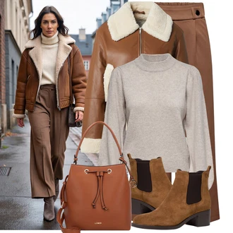 Outfity na zimu 80tá léta s Hnědá/Béžová Vintage Bund/Kožená vintage bunda/Bunda z Jehněčí Kůže/Kožené Bund/Kožená Bomber Bund GAP "Stylový zimní outfity"Look: Blokování barev, 70tá léta, Cool, Krásný, Venkovní, Univerzitní, Retro, 80tá léta