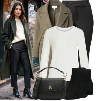 Outfit s Bílá/Fialová/Černá/Béžová Bagetová taška/Klasická Taška Přes Rameno/Dopisová peněženka/Malá Taška/Brašna/Sportovní Taška Přes Rameno Tommy Hilfiger "Stylový zimní outfity"