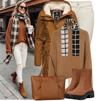 Klasické Koncert Outfit s Hnědá/Béžová/Oranžová Basic Svetr/Kašmírový Svetr/Mohair Pullover/Jednoduchý Svetr/Vlněný Svetr Boss "Stylový zimní outfity"Look: 70tá léta, Klasické, Pro Dům, Nadrozměrné, Unisex, Univerzitní, Bar, Svátek cukru, Koncert, Chatky, Škola