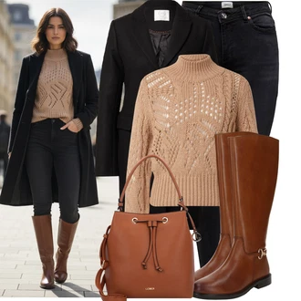 Outfit s Černá Džíny s Rozparkem/Push up Džín/Kožené Boty/Termální Džíny/Motorkářské Džíny/Kožená bunda/High Waist Džínové Kalhoty/Zimní bunda Only "Stylový zimní outfity"