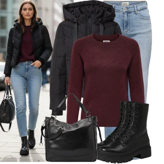 Metal Koncert Outfit s Černá Šněrovací Kotníková Bota/Bota na Platformě/Šněrovací Kozačka na Platformě/Bojová Bota About You "Stylový zimní outfity"Look: Gotický, Metal, Venkovní, Techno, Bar, Koncert, Elektro, Škola, Coachella