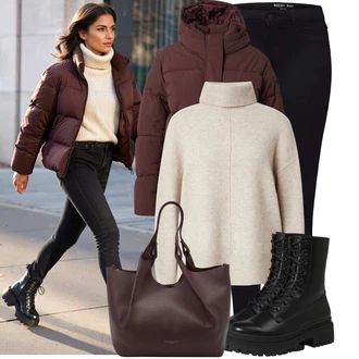 Horolezectví Outfit s Červená/Tmavě hnědá/Vínová/Tmavě červená/Hnědá Podzimní bunda/Nafukovací Bund/Zimní Bund/Udržitelná bunda/Puchová Bund Champion Authentic Athletic Apparel "Stylový zimní outfity"Look: Jízda na koni, Horolezectví