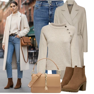 Outfit s Béžová/Bílá/Hnědá Bagetová taška/Dopisová peněženka/Malá Taška/Brašna/Sportovní Taška Přes Rameno Tommy Hilfiger "Stylový zimní outfity"