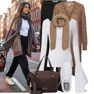 Outfity na zimu 80tá léta s Hnědá/Béžová/Šedá Šál/Kruhový Šál About You "Stylový zimní outfity"Look: 20 léta, 70tá léta, Pro Dům, Traditional, Retro, 80tá léta