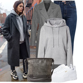 Outfit s Bílá/Šedá Teniska na platformě/Nízká Teniska Puma "Stylový zimní outfity"