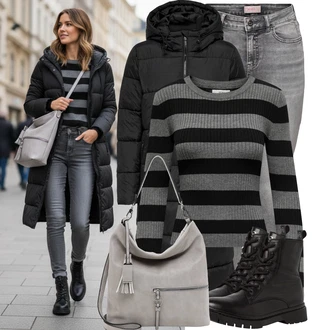 Outfit s Černá Šněrovací Kotníková Bota/Klasická kozačka/Motorkářská bota/Bojová Bota/Šněrovací Kozačka Tamaris "Stylový zimní outfity"