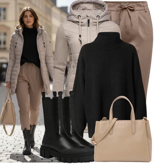 Horolezectví Outfit s Hnědá/Béžová/Khaki/Šedá Lehký Kabát/Prošívaný kabát/Kabát s Kapucí/Kabát s Úzkým Střihem/Kabát se Zipem/Zimní Kabát/Scuba Kabát/Softshellový Kabát Ragwear "Stylový zimní outfity"Look: Horolezectví, Turistika, Trekking, Apres ski