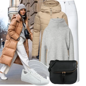 Outfit s Krémová/Bílá Úzká teniska/Kožené tenisky/Nízká Teniska Puma "Stylový zimní outfity"