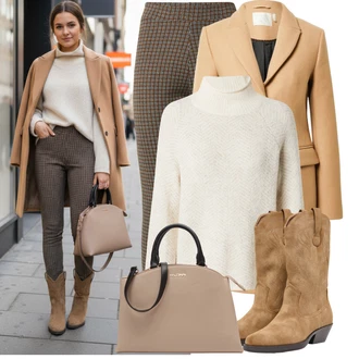 Outfit s Khaki/Hnědá Tvídová Kalhoty/Manšestrový Legíny/Karierte Kalhoty/Pletený Legín/Termo Kalhoty About You "Stylový zimní outfity"