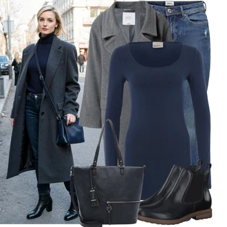 Outfit s Modrá/Tmavě modrá/Světle modrá Kožená bunda/Navlékací džíny/Kožené bundy/Džíny s Nízkým Sedem/Džín s Nízkým Pasem/Džíny s Dírou/Džíny s Rozparkem/Push up Džín/Kožené Boty/Kotníková Bota Only "Stylový zimní outfity"