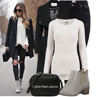 Jízda na koni Outfit s Černá Kožená bunda/High Waist Džínové Kalhoty/Džíny s Rozparkem/Push up Džín/Zimní bunda/Kožené Boty/Termální Džíny/Motorkářské Džíny Only "Stylový zimní outfity"Look: Jízda na koni, Na Procházku, Volný čas, Apres ski