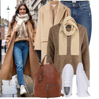 Outfity na zimu 80tá léta s Hnědá/Béžová/Khaki/Bílá Šál/Kruhový Šál About You "Stylový zimní outfity"Look: Klasické, Pro Dům, Old Money, Nadrozměrné, Traditional, Univerzitní, Retro, 80tá léta