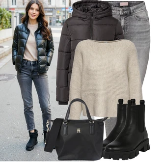 S řetízkem Outfit s Černá Kozačka Chelsea Boty/Kožená bunda About You "Zimní Outfity"