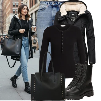 Outfity na zimu s Světle modrá/Modrá Rovná Džína/Zužující se Džíny/Girlfriend Džíny/Boyfriend Džínové kalhoty/Vintage džíny/High Waist Džínové Kalhoty/Zimní bunda/Mom Jean/Dad Džíny/Džíny s Rozparkem/Kožená Pánská Bund Only "Stylový zimní outfity"