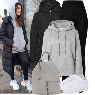 Outfit s Krémová/Bílá Úzká teniska/Kožené tenisky/Nízká Teniska Puma "Stylový zimní outfity"