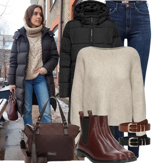 Kovbojka Outfit s Hnědá/Tmavě červená/Vínová Kozačka Chelsea Boty/Plochá Kotníková Bota/Kožená bunda Vagabond Shoemakers "Stylový zimní outfity"Look: Emo, Cool, Kovbojka, Italský, Krásný, Chytrý příležitostný, Unisex