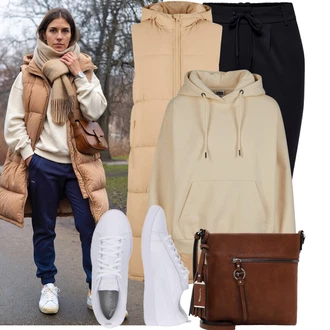 Outfit s Krémová/Bílá Úzká teniska/Kožené tenisky/Nízká Teniska Puma "Stylový zimní outfity"