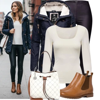 Kulatý výstřih Outfit s Světle šedá/Šedá/Béžová/Stříbrný/Khaki/Hnědá Košile s dlouhým rukávem/Sportovní top/Jednoduchý top/Dlouhá košile/Košilový top Only "Stylový zimní outfity"