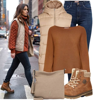 Horolezectví Outfit s Béžová/Zlatý/Khaki/Hnědá Nafukovací Bund/Letní peřová bunda/Bunda na přetažení přes hlavu/Zimní Bund/Puchová Bund Vila "Stylový zimní outfity"Look: Jízda na koni, Horolezectví