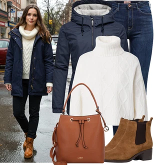 Skromné Outfit s Tmavě modrá/Modrá Kožená bunda/Zimní bunda/Kožená Pánská Bund/High Waist Džínové Kalhoty/Kožené Boty/Džíny s Rozparkem/Push up Džín/Termální Džíny Only "Stylový zimní outfity"Look: Styl, Cool, Krásný, Old Money, Bezešvé, Skromné