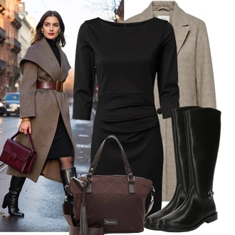 Výstřih kolem krku Outfit s Černá Business Šaty/Šaty s 3/4 Rukávem/Občanské šaty/Žerzejové Šaty/Kancelářské šaty/Pouzdrová Šat/Úzké Šaty Kaffe "Stylový zimní outfity"