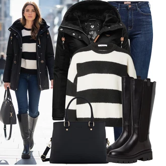 Horolezectví Outfit s Černá Bunda s Kapucí/Jezdecká bunda/Bunda 2v1/Bunda s Bočním Zipem/Zimní Bund/Lyžařská bunda/Outdoorové Bundy/Podzimní bunda Ragwear "Stylový zimní outfity"Look: Lyžařské zájezdy, Turistika, Trekking, Horolezectví