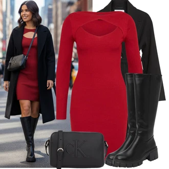 Outfity na zimu s Růžová/Červená/Tmavě červená Zimní Pletené Šaty/Svetrové Šaty/Žerzejové Šaty/Pletené Šaty/Šaty s dlouhým rukávem About You "Stylový zimní outfity"