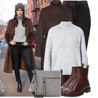 Stojáček Outfit s Šedá/Hnědá/Tmavě zelená/Tmavě hnědá Přechodový Kabát/Lodenový kabát/Kašmírový Kabát/Vlněný Kabát/Trenčkot/Dlouhý kabát/Midi Kabát/Vlněný kabát/Dlouhý Kabát VERO MODA "Trendový zimní vzhled"