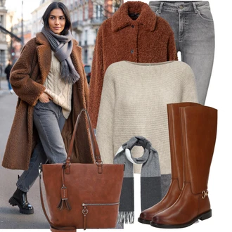 Džínovina Outfit s Šedá/Světle šedá/Tmavě šedá Kožená bunda/Džíny s Rozparkem/Slim Fit Džíny/Džíny s Nízkým Sedem/Kožené Boty/Motorkářské Džíny/High Waist Džínové Kalhoty/Termální Džíny/Zimní bunda/Push up Džín Only "Trendový zimní vzhled"