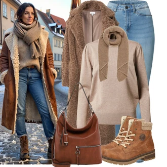 Outfit s Béžová/Khaki/Hnědá Basic Svetr/Kašmírový Svetr/Svetr z Jemné Pleteniny/Svetr s Kulatým Výstřihem/Jednoduchý Svetr/Vlněný Svetr SAINT TROPEZ "Trendový zimní vzhled"