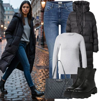 Mom outfit mit Temno modra/Siva/Temno siva/Modra Nakupovalna torba/Poslovna torba/Vrečka za prenašanje/Torba za čez ramo/Pisarniška torba/Torba za čez ramo/Nakupovalka Guess "udoben zimski videz"Look: Burleska, Eleganten, Kul, Mom, Lepo, Pisarna, Premij