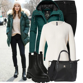 S řetízkem Outfit s Černá Kozačka Chelsea Boty/Kožená bunda About You "Zimní Outfity"