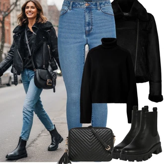 S řetízkem Outfit s Černá Kozačka Chelsea Boty/Kožená bunda About You "zimní outfit"