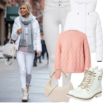 Outfity s botami s Bílá/Krémová Džíny s Rozparkem/Džín s Nízkým Pasem/Kožené Boty/Push up Džín/Džíny s Nízkým Sedem/Slim Fit Džíny/Motorkářské Džíny/Termální Džíny/Kožená bunda Only, Béžová/Bílá/Krémová Šněrovací Kotníková Bota/Plochá Kotníková Bota/Motorkářská Bota/Bojová Bota/Motorkářská bota/Šněrovací Kozačka Rieker "Zimní Outfity"