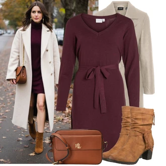 Outfit s Hnědá/Béžová/Khaki/Šedá VERO MODA "Zimní look"