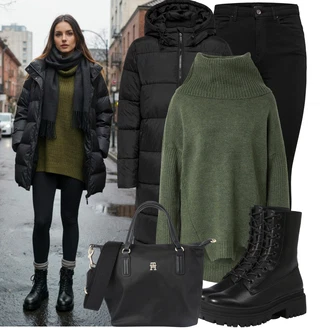 90tá léta, Techno Outfit s Černá Legíny s Vysokým Pasem/Džínové Legíny/Skinny Kalhoty/Legíny s Rozparkem/Tregíny/Jeggings Only, Černá Šněrovací Kotníková Bota/Bojová Bota/Bota na Platformě/Šněrovací Kozačka na Platformě About You "Zimní look"Look: Styl, Cool, Venkovní, Bezešvé, Skromné, Techno, Gotický, Metal