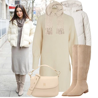 Svatební host Outfit s Béžová/Bílá/Krémová/Khaki Pletené Šaty/Šaty S Rolákem/Zimní Pletené Šaty/Svetrové Šaty Vila "Zimní outfit pro volný čas"