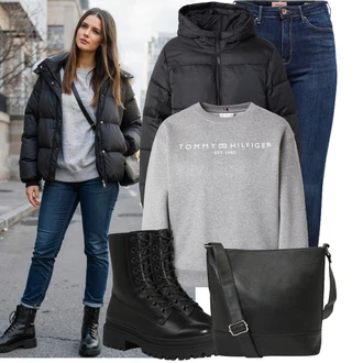 Jízda na koni Outfit s Tmavě modrá/Modrá Kožená bunda/Zimní bunda/Kožená Pánská Bund/High Waist Džínové Kalhoty/Kožené Boty/Džíny s Rozparkem/Push up Džín/Termální Džíny Only "Zimní outfit pro volný čas"Look: Jízda na koni, Na Procházku, Pracovní, Volný čas, Apres ski