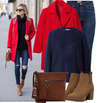 Jízda na koni Outfit s Tmavě modrá/Modrá Kožená bunda/Zimní bunda/Kožená Pánská Bund/High Waist Džínové Kalhoty/Kožené Boty/Džíny s Rozparkem/Push up Džín/Termální Džíny Only "Zimní outfit pro volný čas"Look: Jízda na koni, Na Procházku, Pracovní, Volný čas, Apres ski