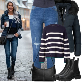 Kulatý výstřih Outfit s Modrá/Tmavě modrá Jednoduchý Svetr/Pruhovaný Svetr Only "Zimní outfity"