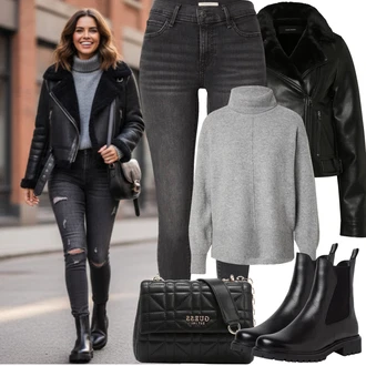 Outfit s Černá Chelsea Boty/Kožená bunda Tamaris "Zimní outfity"