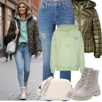 Horolezectví Outfit s Tmavě zelená/Zelená Podzimní bunda/Puchová Bund/Neobvyklá bunda/Péřová Bunda/Bunda s Kapucí/Nafukovací Bund/Prošívaná Bunda/Bunda z umělých vláken/Zimní Bund Liu Jo "Zimní outfity"Look: Turistika, Horolezectví, Jízda na koni