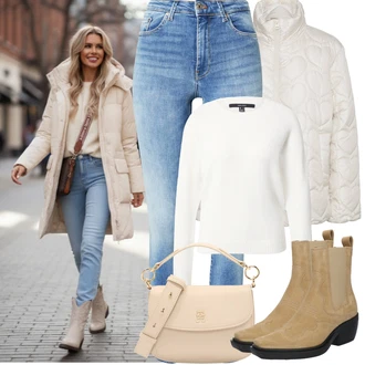 Karneval Outfit s Béžová Bagetová taška/Klasická Taška Přes Rameno/Dopisová peněženka/Malá Taška/Brašna/Sportovní Taška Přes Rameno Tommy Hilfiger "Zimní outfity"Look: Bar, Malle, Banka, Den na pláži, Karneval, Koncert, Den matek