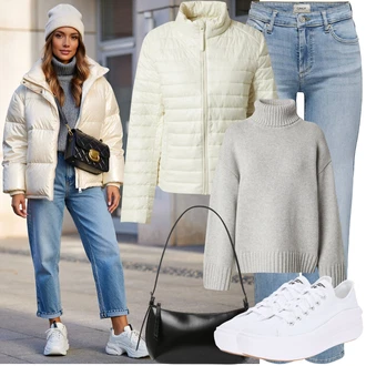 Outfit s Bílá/Krémová Teniska na platformě/Plátěná teniska/Nízká Teniska Converse "Zimní outfity"