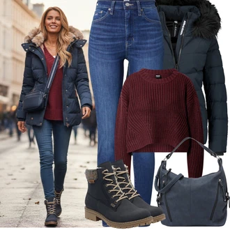 90tá léta Outfit s Modrá/Tmavě modrá Skinny Kalhoty/Džínové Legíny/Jeggings Tommy Jeans "Zimní outfity"Look: Styl, 90tá léta, Cool, Krásný, Old Money, Bezešvé