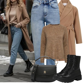 Outfit s Bílá/Fialová/Černá/Béžová Bagetová taška/Klasická Taška Přes Rameno/Dopisová peněženka/Malá Taška/Brašna/Sportovní Taška Přes Rameno Tommy Hilfiger "Zimní outfity"