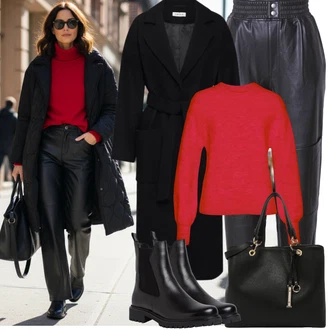 Outfity na cestování Old Money s Černá/Modrá/Tmavě modrá/Bílá Vinylové kalhoty/Kalhoty z Umělé Kůže/Kalhoty s nášivkou uprostřed/Kožená Kalhoty katy perry exclusive for about you, Černá/Červená/Hnědá/Bílá/Béžová Obchodní Taška/Taška/Taška Přes Rameno/Kancelářská Taška/Brašna/Shopper taška/Sportovní Taška Přes Rameno/Taška Na Rameno About You "Zimní outfity"Look: 90tá léta, Cool, Elegantní, Old Money, Venkovní, Rad, Šik, Kancelář