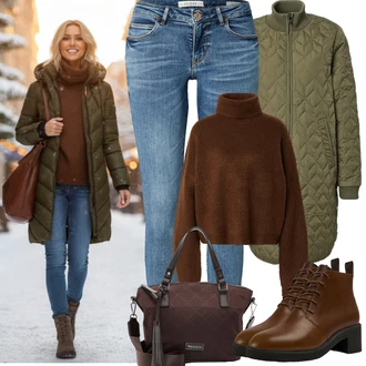 Military Outfit s Tmavě zelená Prošívaný kabát ILSE JACOBSEN "Zimní outfity"Look: Armáda, Hip Hop, Military, Mom, Venkovní, Nadrozměrné, Skater